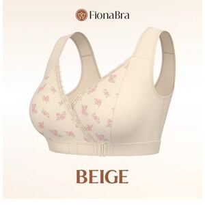 FionaBra Wireless Comfort Bra Beige Pink Floral Front Adjust Wide Strap XL-UP‎